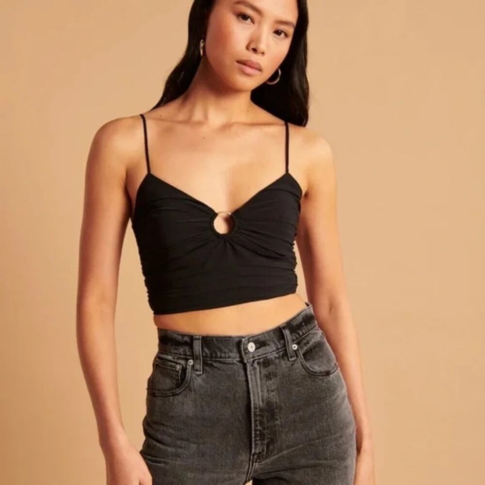 Abercrombie & Fitch Cami Crop Top Black Ruched O Ring Tank M Y2K 90's Blouse